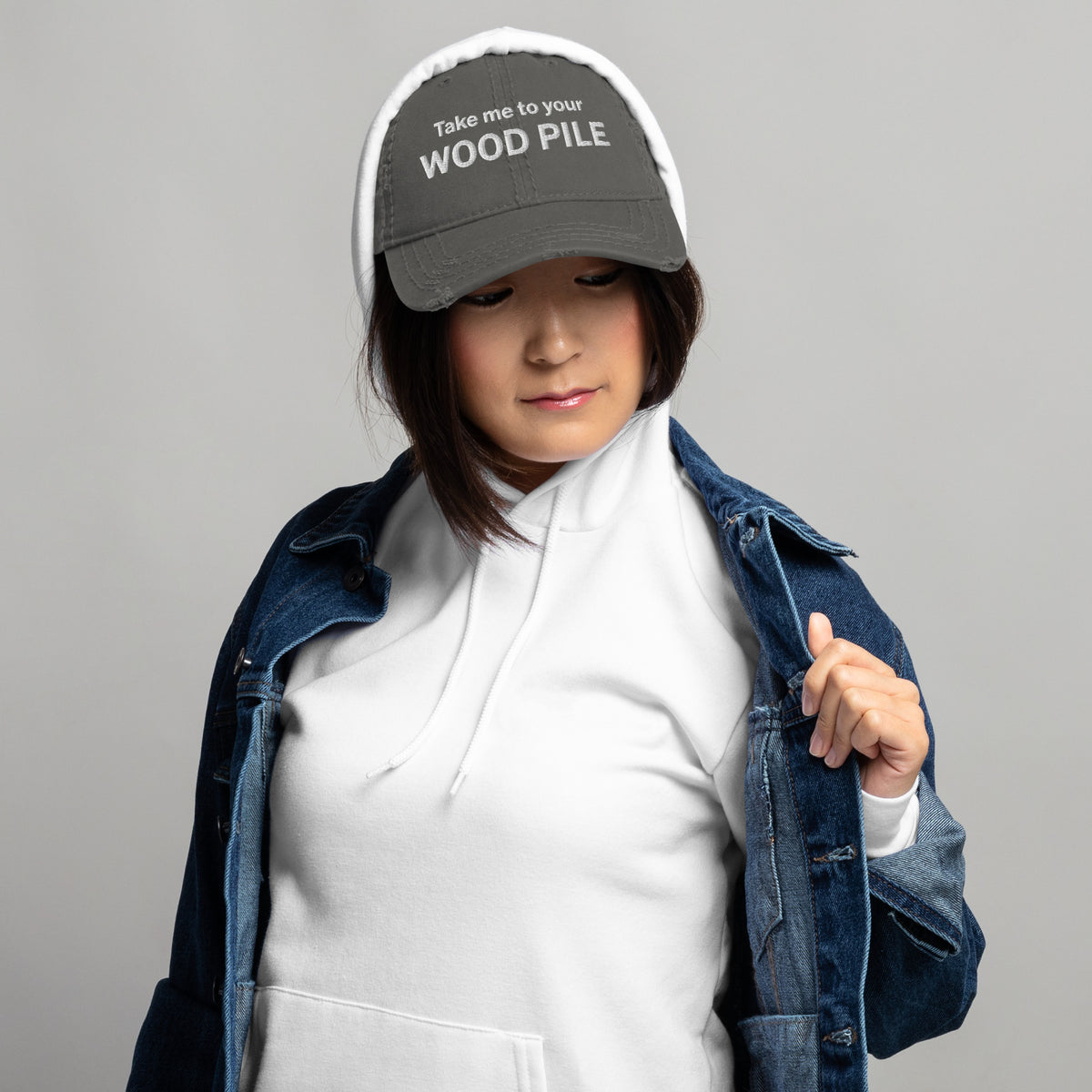 Embroidered Take Me to Your Wood Pile Hat, Distressed Cotton Baseball Cap