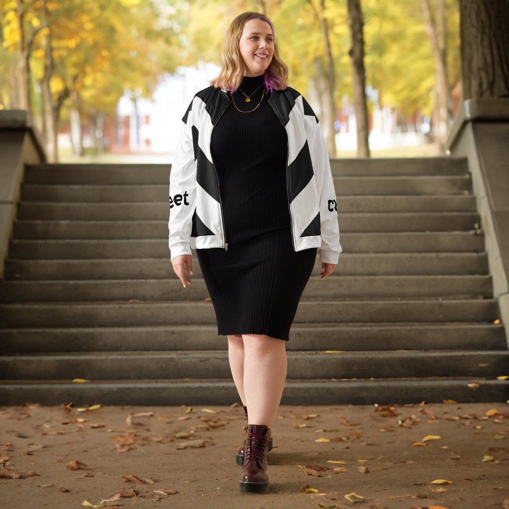 Meet Cute Bomber Jacket, Black and White Chevron Zip | Bookish Romance Streetwear, Luxury BookTok Gift for Romance Reader