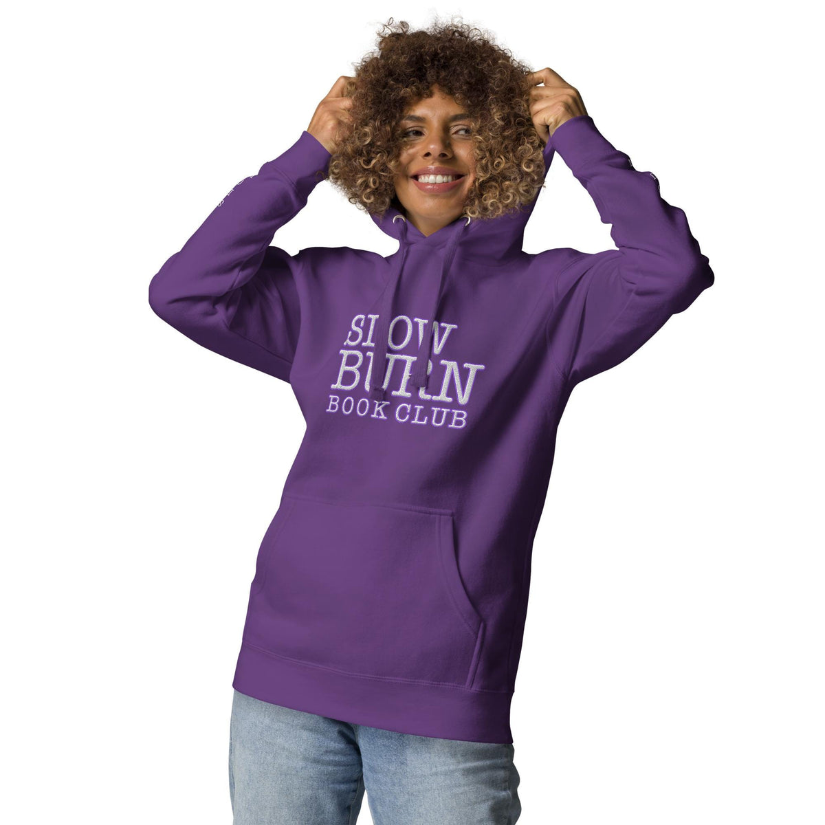 Etsy Product Title Embroidered Slow Burn Book Club Hoodie, Bookish Romance Reader Sweatshirt with SLOW BURN embroidered sleeves