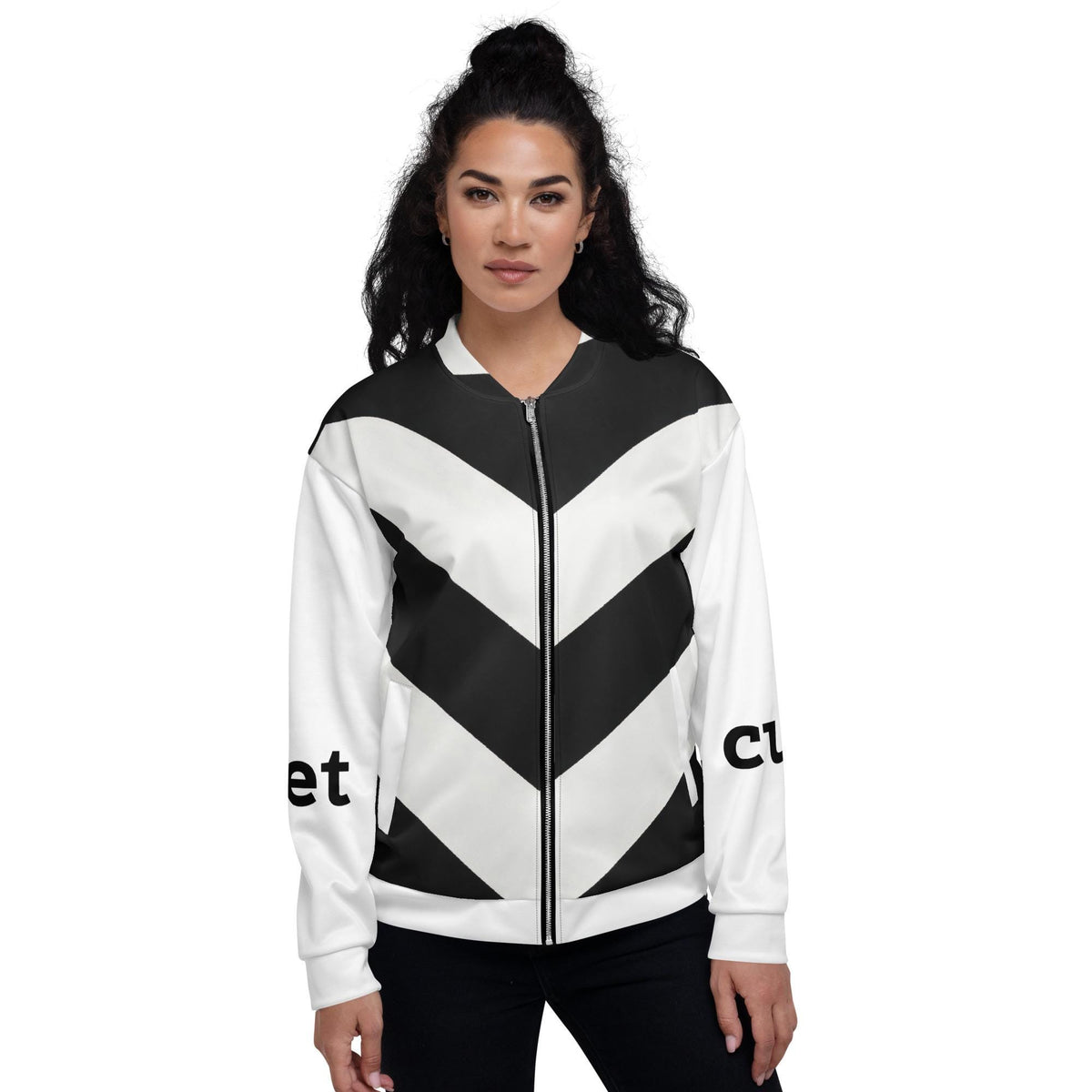 Meet Cute Bomber Jacket, Black and White Chevron Zip | Bookish Romance Streetwear, Luxury BookTok Gift for Romance Reader