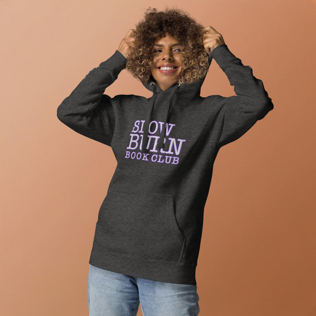 Etsy Product Title Embroidered Slow Burn Book Club Hoodie, Bookish Romance Reader Sweatshirt with SLOW BURN embroidered sleeves