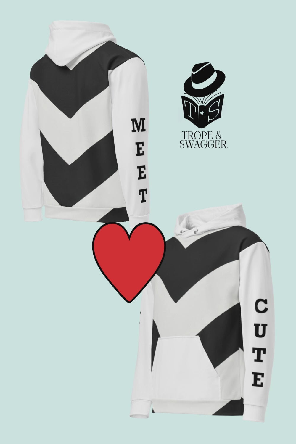 Meet Cute Sports Romance Hoodie | Black and White Chevron Unisex Sweatshirt Romance Trope Pullover