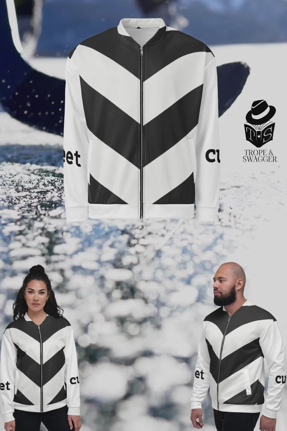 Meet Cute Bomber Jacket, Black and White Chevron Zip | Bookish Romance Streetwear, Luxury BookTok Gift for Romance Reader