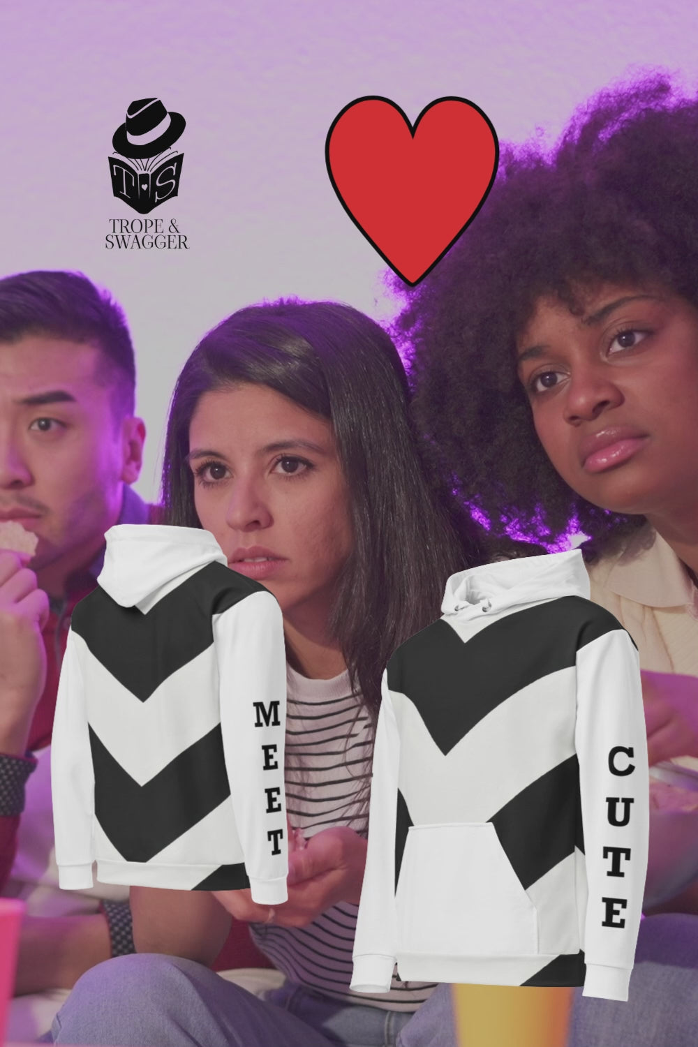 Meet Cute Sports Romance Hoodie | Black and White Chevron Unisex Sweatshirt Romance Trope Pullover